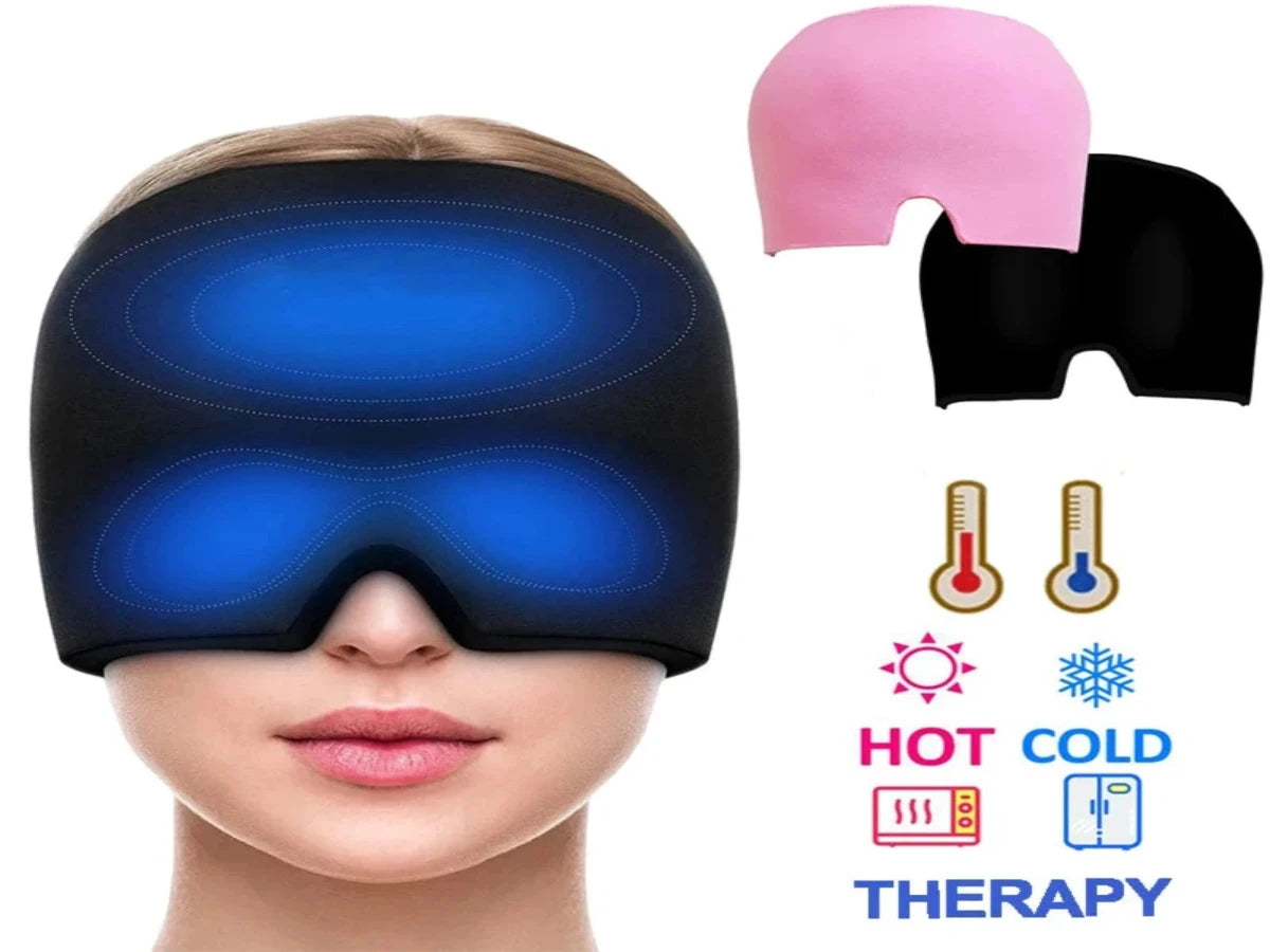 Blue eye mask with additional pink and black masks, temperature and therapy icons on a white background.